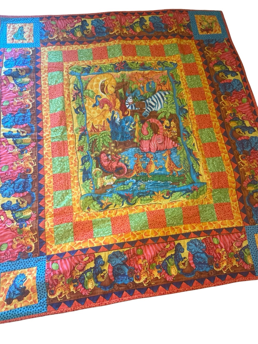 Homemade Dinosaur quilt Colorful Quilt Bright multi colors and dinosaurs